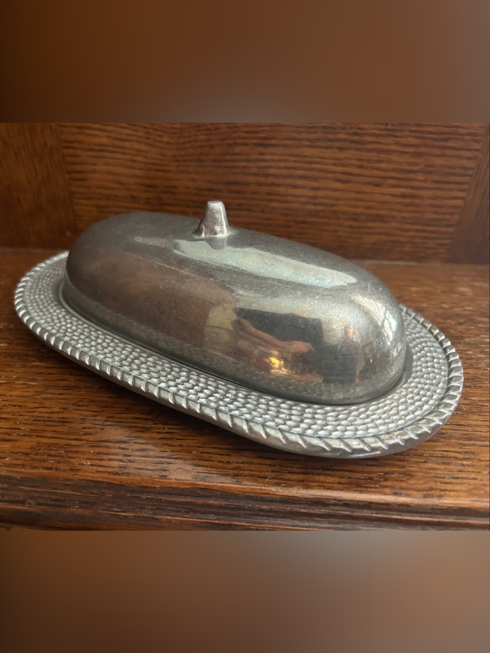 Vintage Pewter Butter Dish with Braided Rim